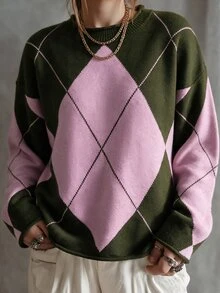 GlowEve CURVE Plus Size Fashion Vintage Jacquard Colorblock Pullover Sweater - Multicolor - View 1