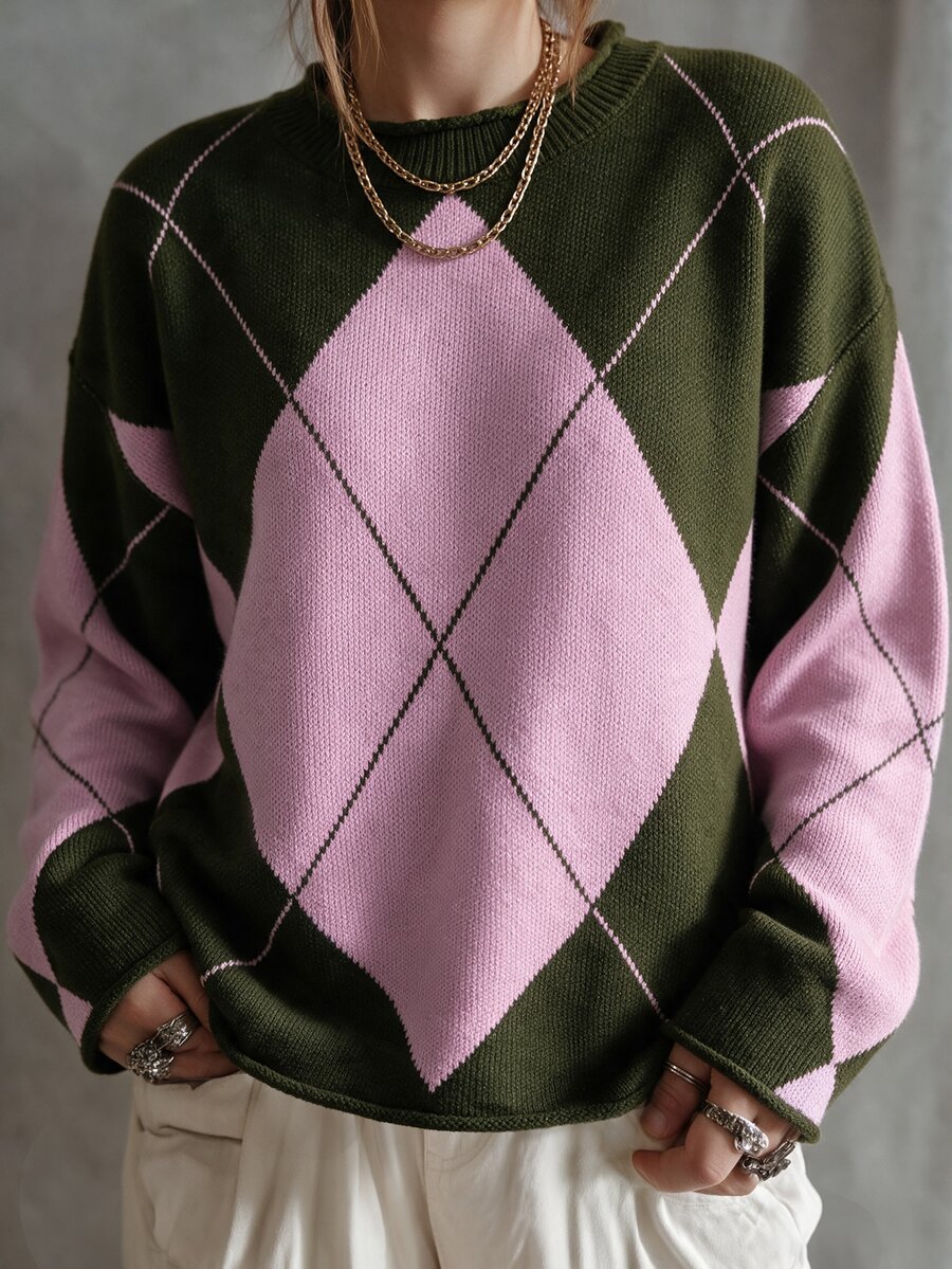 GlowEve CURVE Plus Size Fashion Vintage Jacquard Colorblock Pullover Sweater - Multicolor - View 1