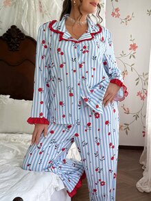 CottageSlumber Plus Size Women's Striped Floral Print Long Sleeve & Long Pants Pajama Set, Ruffle Trim, Romantic Pastoral Style, Comfortable Home Sleepwear Set - Blue - View 3