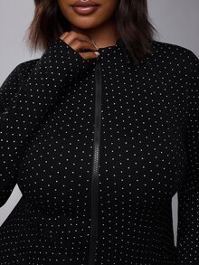 Voyena Women's Plus Size Polka Dot Long Sleeve Zipper Front Sports Jacket - Black - View 2