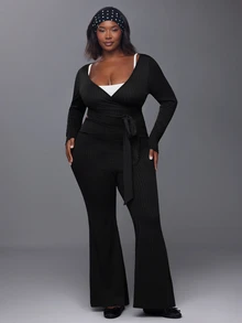 Voyena Women's Plus Size Solid Color Long Sleeve Top And Flare Leg Pants Casual Daily Sports Set - Black - View 3