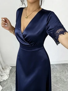 Juhart 大尺碼女款V領蕾絲拼接休閒派對洋裝 - 藏蓝色 - 查看 5