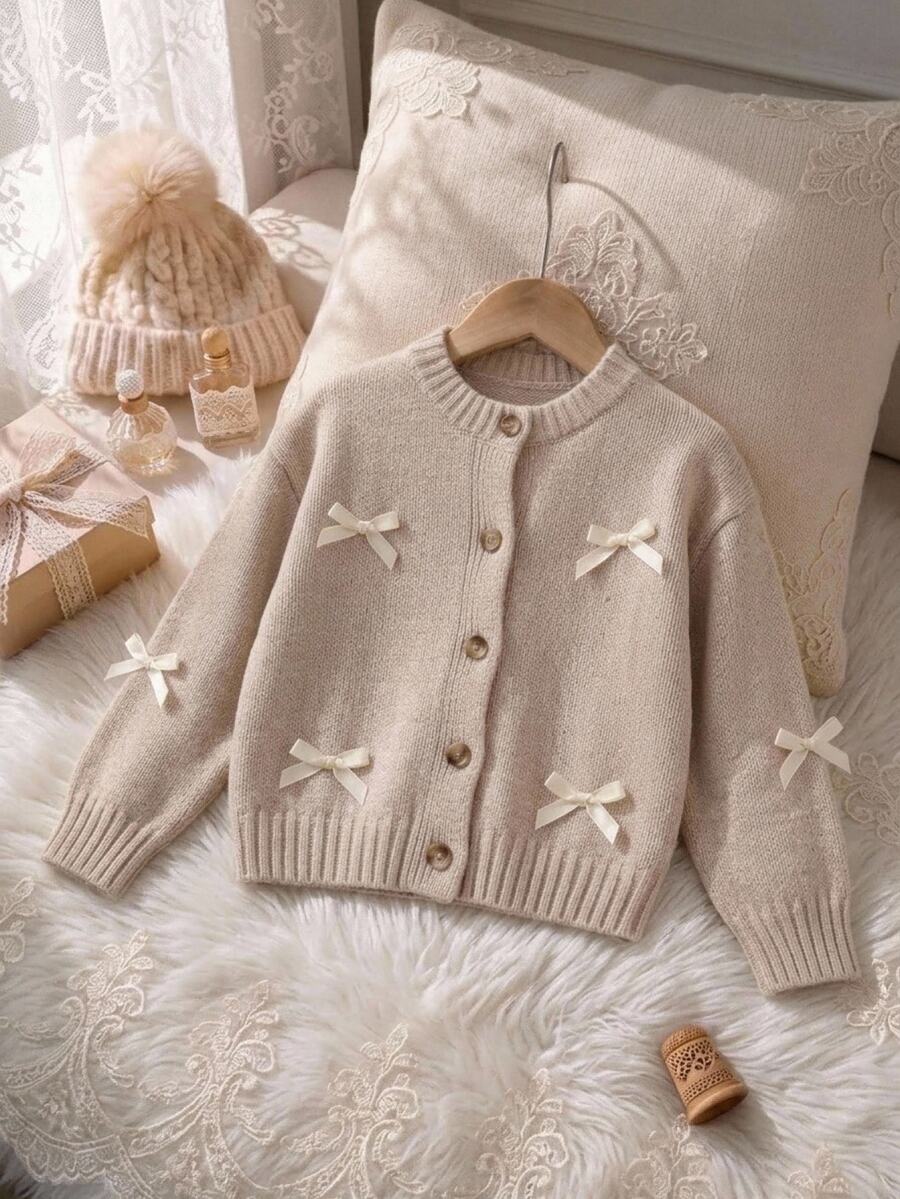 SHEIN Young Girl Solid Color Knit Crew Neck 3D Bow Casual Cardigan Sweater - Multicolor - View 1