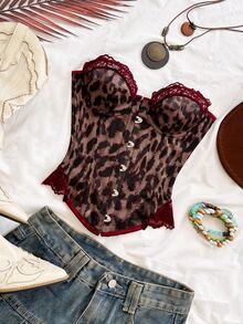 Soleia Atasan Bustier Wanita Motif Leopard dengan Kancing Depan dan Renda Kontras - Coffee Brown - View 4