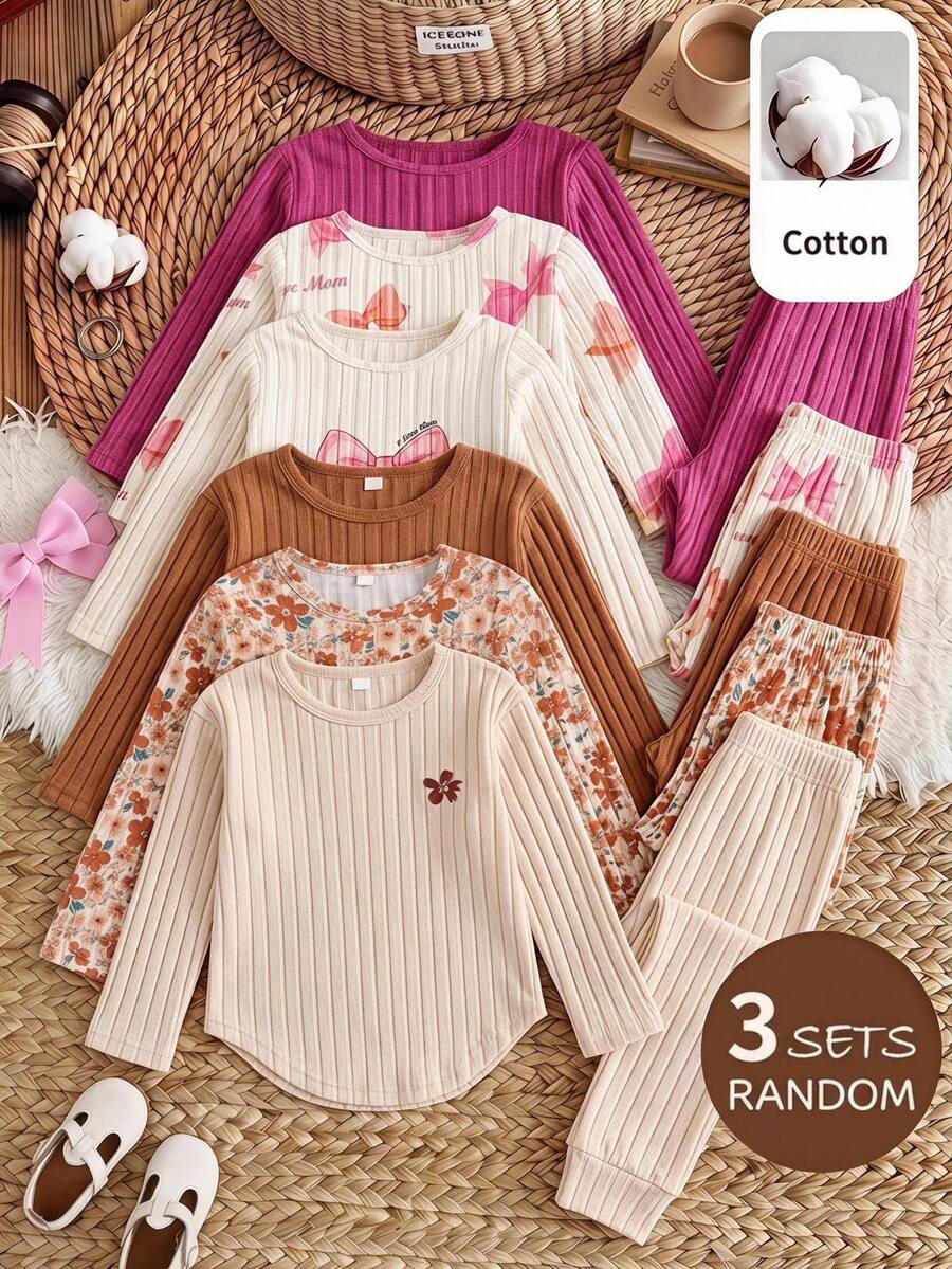 LMoss Kids Bộ 6 món áo thun cổ tròn họa tiết hoa màu trơn dệt kim và quần dài cho bé gái - Nhiều màu - Xem 1