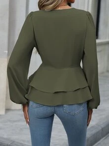 EMERY ROSE 女款素色雙排扣交叉裹身長袖襯衫，秋季女裝 - 軍綠色 - 查看 2