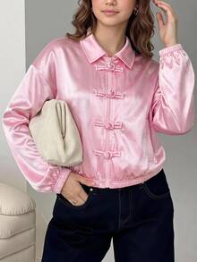 SHEIN 青少年女孩秋冬粉色緞面優雅休閒復古青蛙鈕扣前開方領寬鬆夾克 - 粉色 - 查看 1