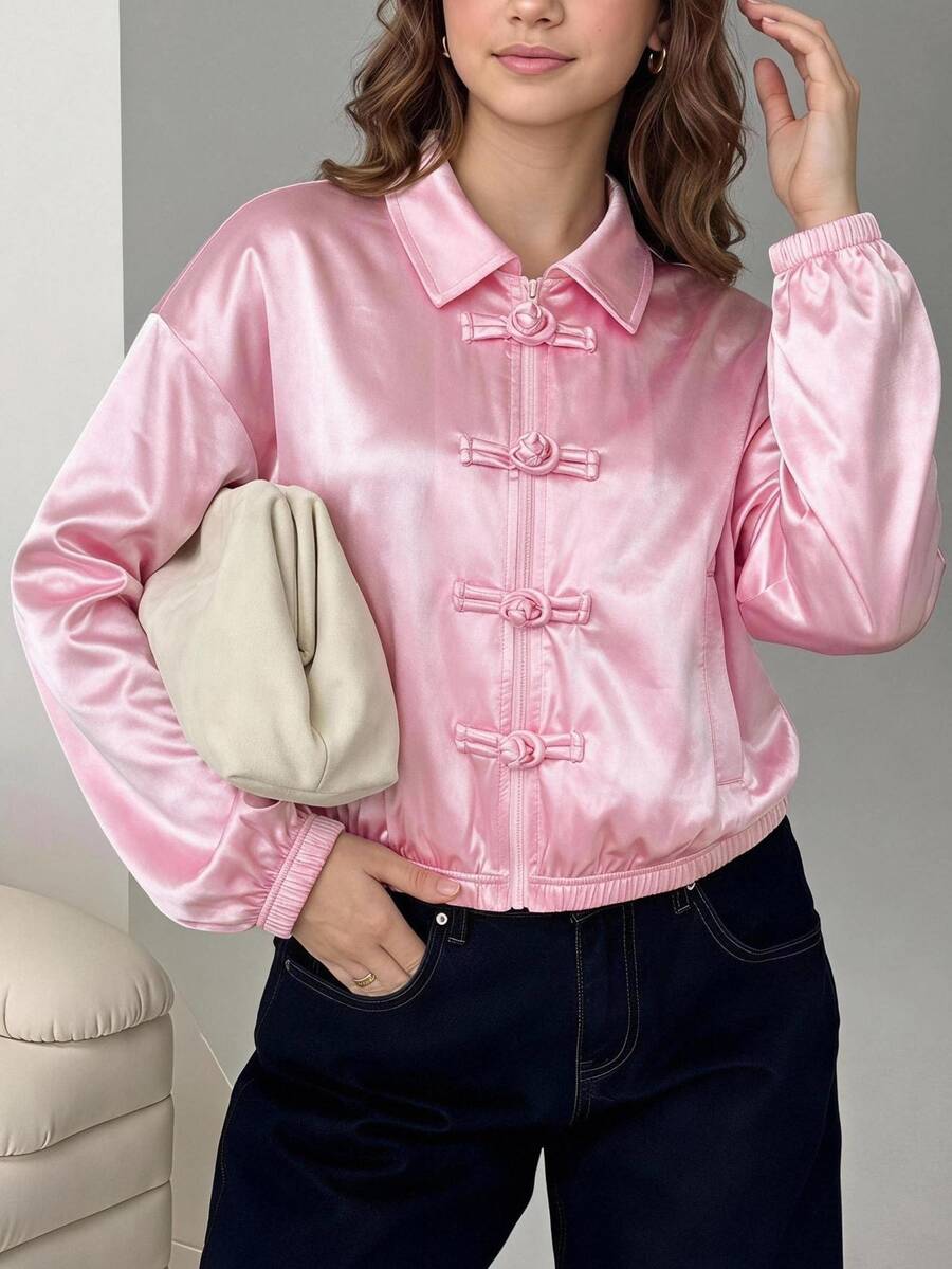 SHEIN 青少年女孩秋冬粉色緞面優雅休閒復古青蛙鈕扣前開方領寬鬆夾克 - 粉色 - 查看 1