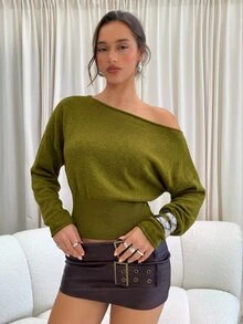 Aloruh 女款秋冬露肩不對稱長袖緊身羅紋深棕色毛衣，適合日常、辦公室、夜晚外出、約會之夜，休閒性感 - 軍綠色 - 查看 4