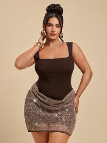 SHEIN BAE CURVE Plus Size Women's Brown Colorblock Sequin Hem Fashion Sleeveless Mini Dress - Brown - View 6