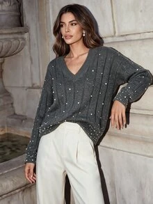 Anewsta Women's Gray Twisted Rope & Bead Embroidered Long Sleeve Sweater - Grey - View 1