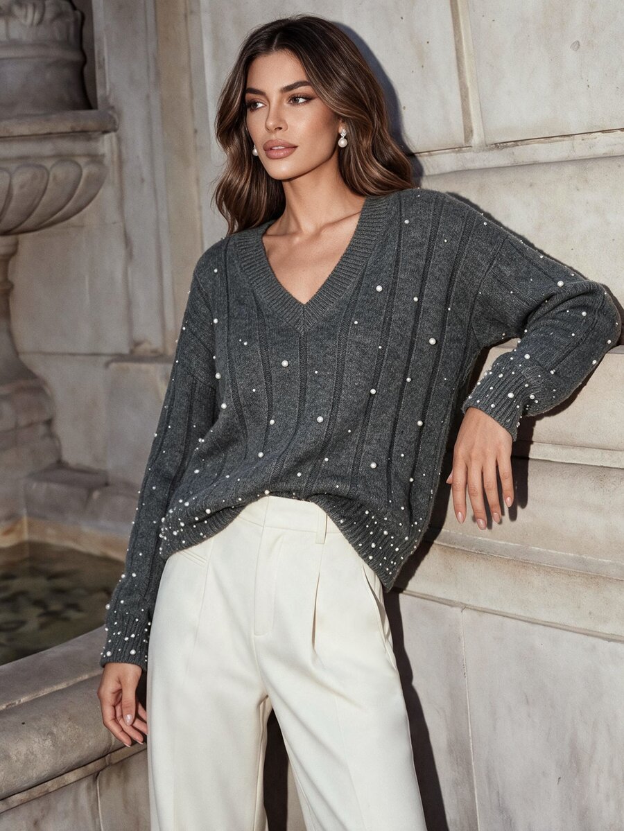 Anewsta Women's Gray Twisted Rope & Bead Embroidered Long Sleeve Sweater - Grey - View 1