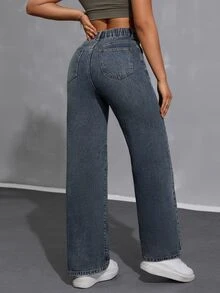 Jeanoix Y2K Casual Cargo Plus Size Women's High Waist Retro Blue Wide Leg Jeans Loose Fit Daily Street Fashion Multi-Pocket Denim Pants Vacation Club Fall - Dark Wash - View 2