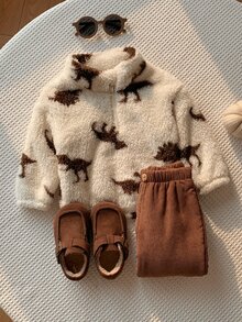 SHEIN 男女嬰幼兒 2件組 秋冬加厚抓絨可愛恐龍圖案立領毛絨衛衣與燈芯絨長褲套裝，嬰兒冬季運動服 - 棕色 - 查看 6