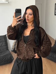 Coolane 女款秋冬外出派對電音節性感街頭風 Y2K 時尚棕色豹紋拉鍊連帽寬鬆口袋衛衣 秋季服飾 - 棕色 - 查看 1