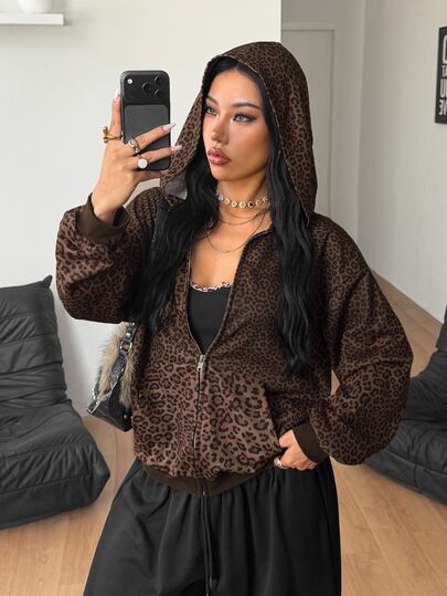 Coolane Sudadera con capucha holgada para mujer, estilo sexy streetwear Y2K chic, color marrón con estampado de leopardo, cremallera frontal y bolsillos, ropa de otoño/invierno para salir, fiesta y rave