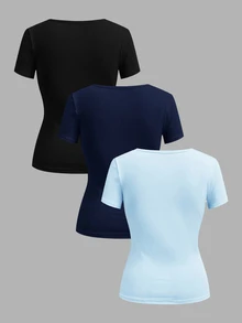 SHEIN EZwear 女款純色V領短袖休閒百搭T恤（3件組） - 彩色 - 查看 3