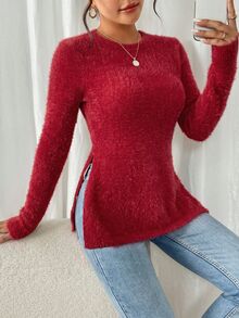 SHEIN Frenchy 女款奶油色休閒優雅純色圓領長袖側開衩修身保暖刷毛T恤 秋冬上衣 早午餐 辦公室 聖誕紅 - 玫瑰紅 - 查看 3