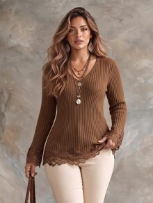 Ceyna Plus Size Solid Color Vertical Rib V-Neck Knit Top, Women's Long Sleeve Floral Lace Cuff Hem Fitted Casual Elegant Sweater, Fall Thanksgiving - Brown - View 1