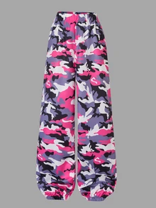 SHEIN Sparklyn 3件組迷彩圖案連帽上衣+細肩帶背心+休閒長褲套裝，適合青少年女孩春季與秋季日常穿著 - 玫紅色 - 查看 8