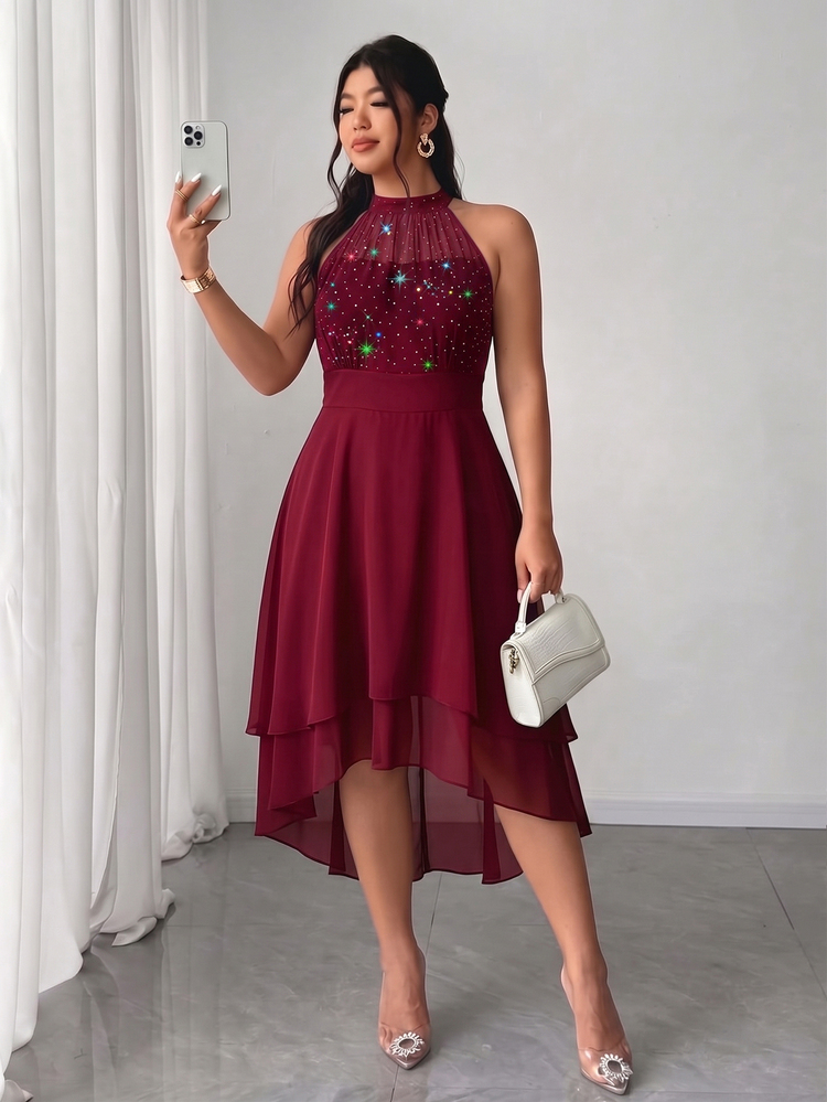 Elenzga Women's Plus Size Round Neck Sleeveless Open Shoulder Shiny Sequin Chiffon Mesh Patchwork Hem Solid Color Double Layer Ruffle Asymmetric Hem Dress, Suitable For Spring/Autumn Party Elegant Dress, Women's Wedding Guest Dress, Graduation Dress, Formal Dress, Halloween Evening Party Dress, Women's Fashion Dress - Burgundy - View 4