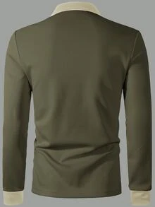 Manfinity Homme 男士拼色領長袖 Polo 衫，休閒外出款，適合丈夫，秋季，正式場合 - 綠色 - 查看 2