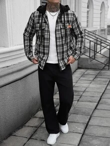 Manfinity CasualCool 男士休閒羊毛混紡格紋連帽夾克，適合日常通勤穿著，也是送給男友和丈夫的理想禮物 - 黑色 - 查看 3