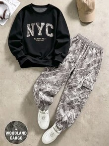 2件組小男孩圓領衛衣上衣與葉紋工裝褲套裝，迷彩印花服飾，長袖街頭風，適合假期派對，休閒舒適，春夏秋季穿著，柔軟舒適，男嬰首選，時尚休閒套裝 - 黑色 - 查看 3