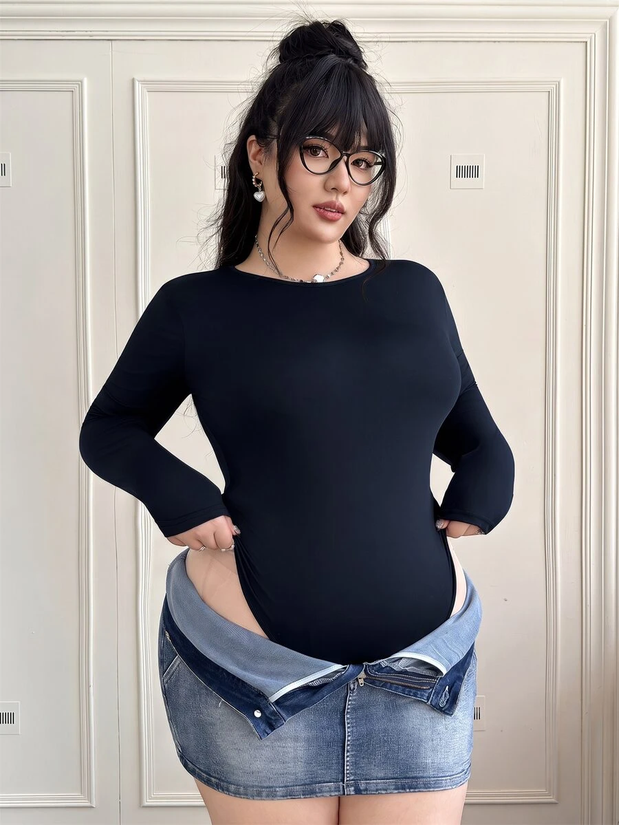 CovetEZ Navy Blue Plus Size Solid Color Long Sleeve Bodysuit - Navy Blue - View 1