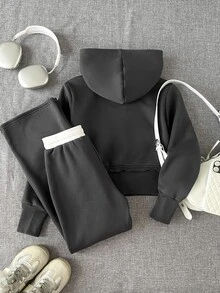 SHEIN 兒童青少年女孩秋冬休閒復古時尚抓絨內裡加厚連帽衛衣套裝，寬鬆連帽拉鍊衛衣配貼袋與對比抽繩腰寬腿直筒運動長褲，2件式運動衛衣套裝，深灰色 - 深灰色 - 查看 2