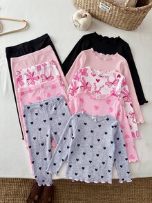 SHEIN LMoss Kids Baby Girl Knit Solid Color Polka Dot Striped Heart Pattern Ruffle Trim T-Shirt And Long Pants 10pcs -Piece Set - Multicolor - View 2