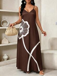 SHEIN Lady Plus Size Women's Floral Print Casual Spaghetti Strap Vacation Dress - Brown - View 1
