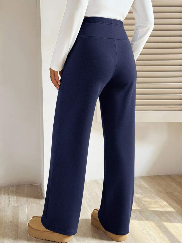 SHEIN Maternity Solid Color Adjustable Waist Thermal Lined Casual Long Pants - Navy Blue - View 2