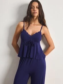 Ocili Women's Comfortable Modal Knit Fabric Lace V-Neck Cami & Long Pants Pajama Set - Navy Blue - View 5