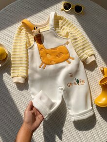 SHEIN 中性新生兒男嬰 2件組秋冬保暖內裡加厚可愛長頸鹿吊帶褲與運動衫套裝，嬰兒冬季服飾套裝，聖誕 - 黃色 - 查看 7