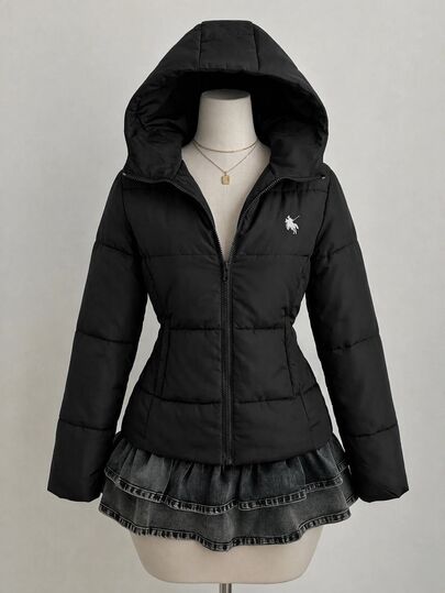 SHEIN Teen Girl Teen Girls Winter Coats New Autumn Black Solid Color Casual Junior Baggy Slim Fit Hooded Jacket With Small Logo Embroidery Back To School Season