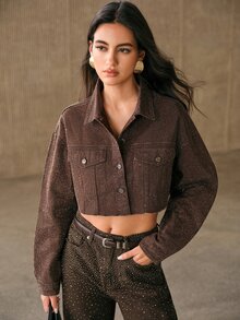 Anewsta Women's Single-Breasted Casual Versatile Daily Denim Top - Rust Brown - View 6
