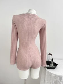 Elamini Spring/Autumn Sweet Cute Sexy Pink Textured Lace Patchwork Deep V-Neck Fitted Jumpsuit - Pink - View 2