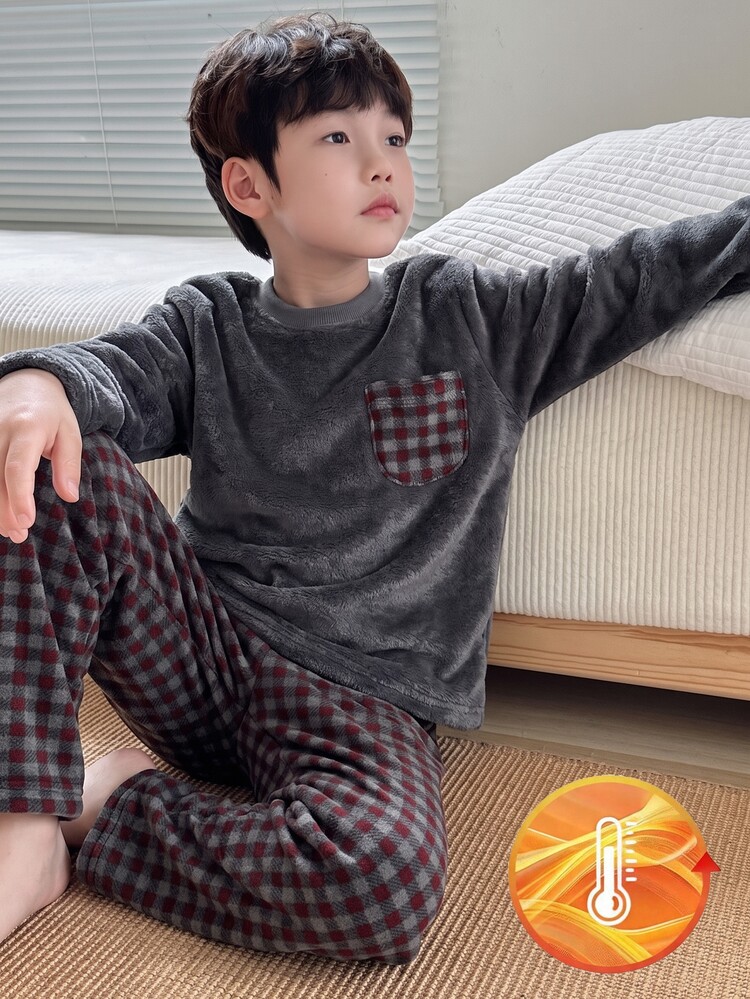 Genkimix Kids Boys Gray Plush Plaid Long Sleeve & Long Pants Casual Comfortable 2 Pieces Loungewear Set - Dark Grey - View 6