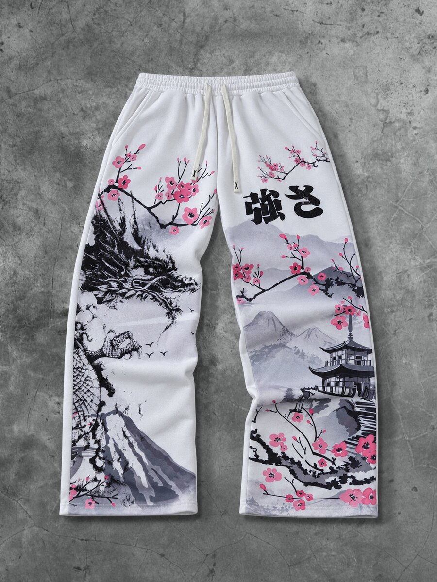 ROMWE MEN 男士抽繩腰花卉印花休閒日常運動長褲 - 白色 - 查看 1