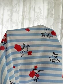 CottageSlumber Plus Size Women's Striped Floral Print Long Sleeve & Long Pants Pajama Set, Ruffle Trim, Romantic Pastoral Style, Comfortable Home Sleepwear Set - Blue - View 7