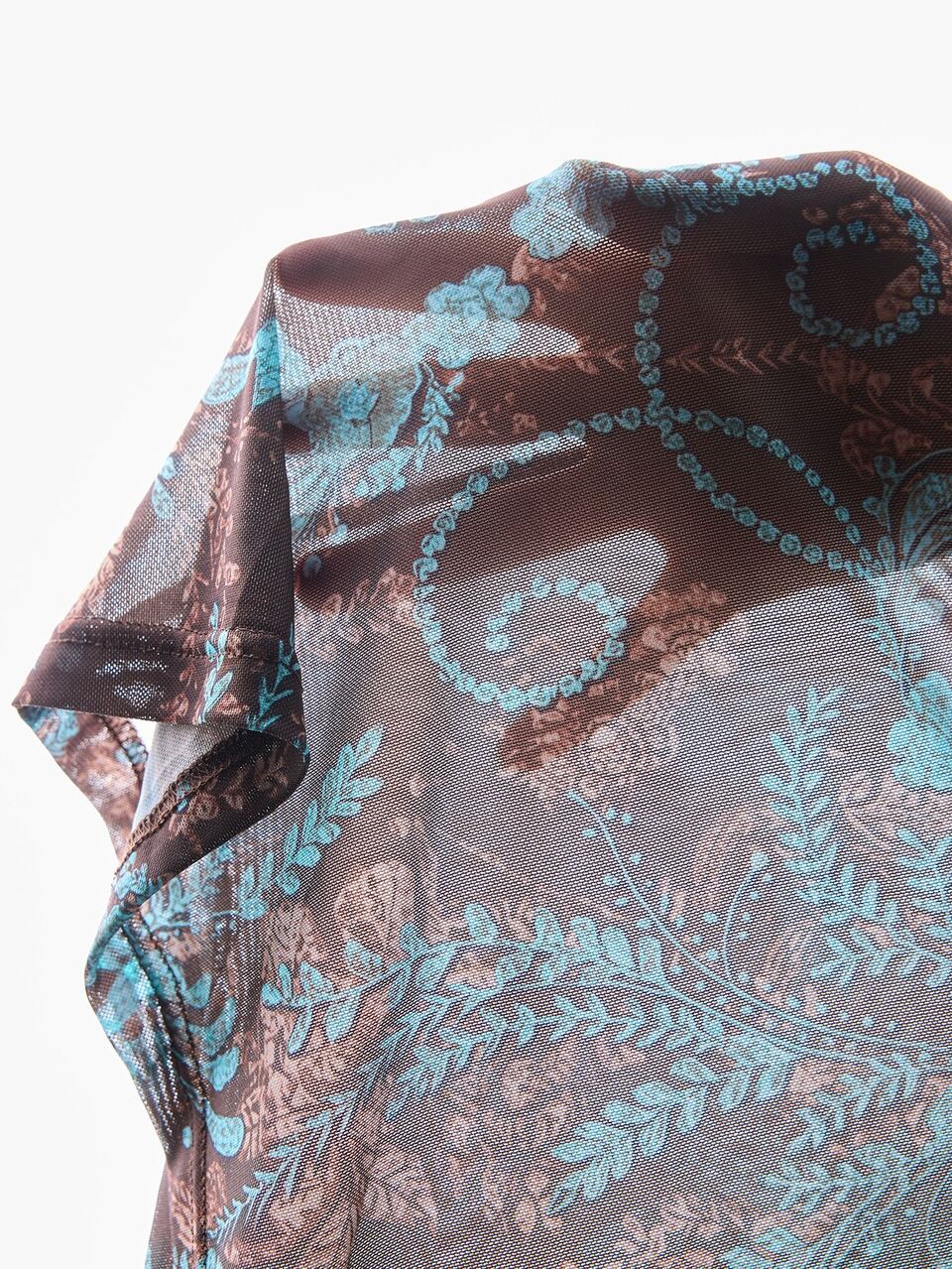 Vintage Blue & Brown Floral Mesh Frill Trim Fitted Long Sleeve Women's Top T-Shirt