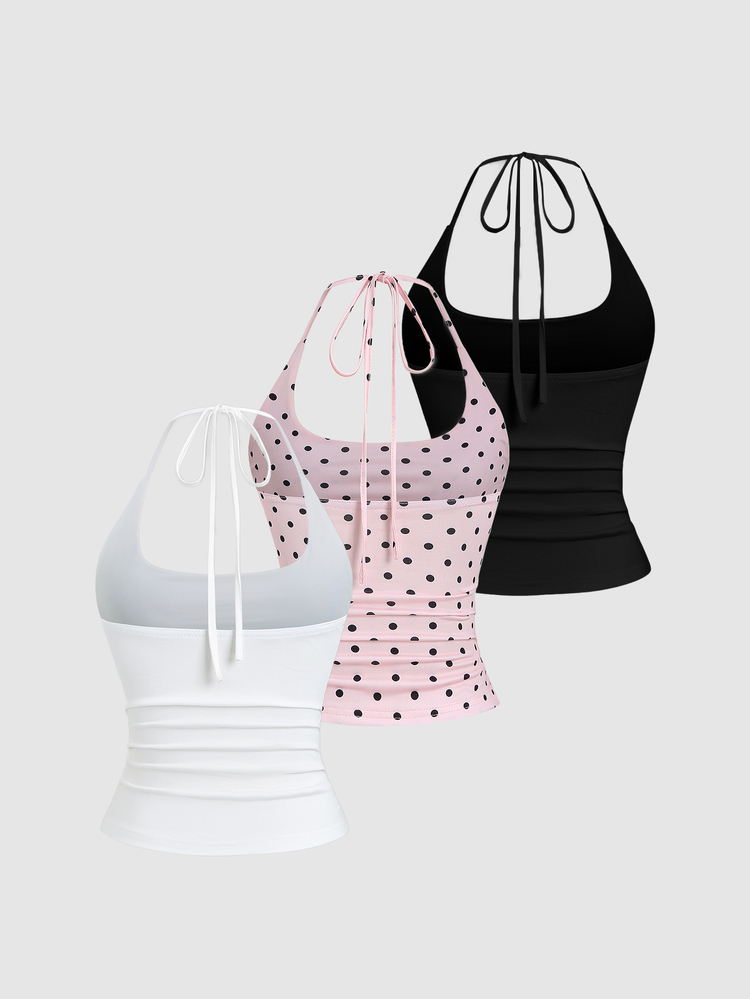 Sweetra Women's European & American Fashion Casual Outing Social New Spring/Summer Outfit Slimming Sexy Y2K Concert Halter Neck Elegant Backless Commute Casual Fitness Versatile White Polka Dot Brown 3 Pieces Tank Top Set - Multicolor - View 2