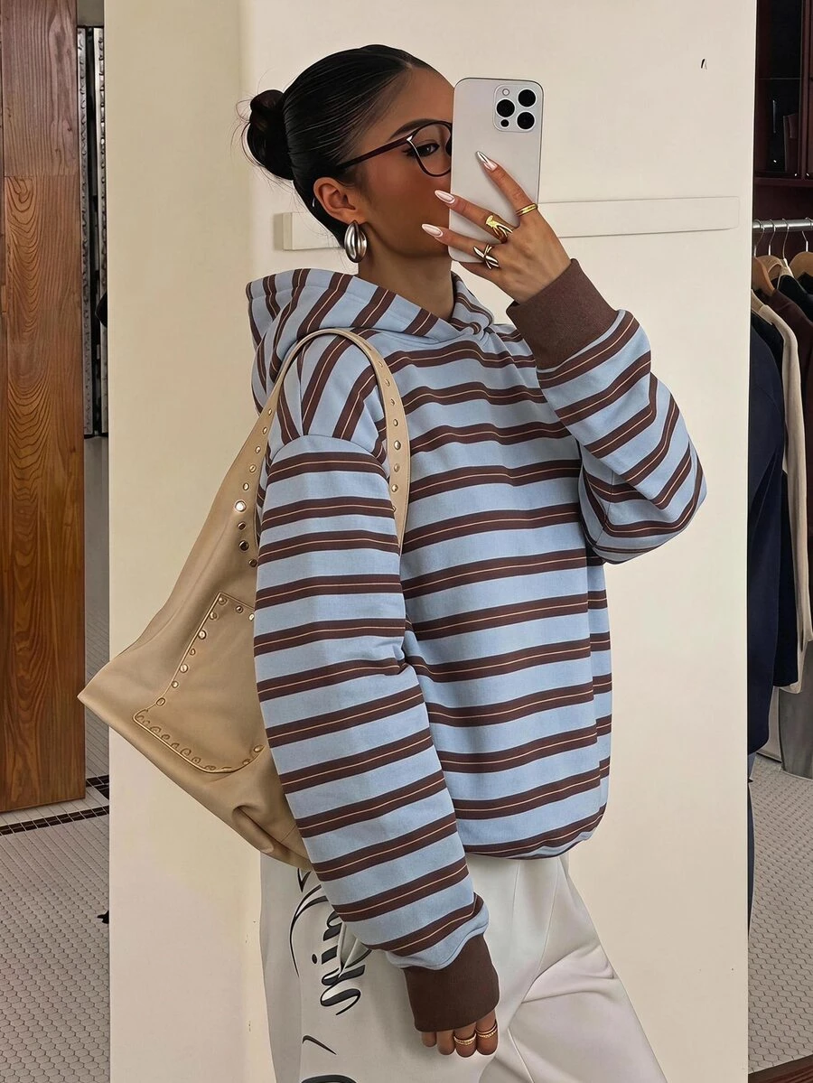 Muchica 女款休閒運動衫,女款秋冬服飾,條紋運動衫,街頭風 - 彩色 - 查看 1