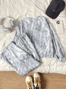 兒童女童/青少年女孩秋冬簡約舒適豹紋側條紋返校長袖運動衫套裝 - 彩色 - 查看 4
