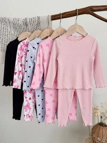 SHEIN LMoss Kids Baby Girl Knit Solid Color Polka Dot Striped Heart Pattern Ruffle Trim T-Shirt And Long Pants 10pcs -Piece Set - Multicolor - View 3