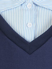 SHEIN 女童海軍藍 2 合 1 條紋 Polo 領半開鈕扣長袖運動衫 + 直筒寬腿褲 2 件式休閒套裝，學院風配色 - 彩色 - 查看 4