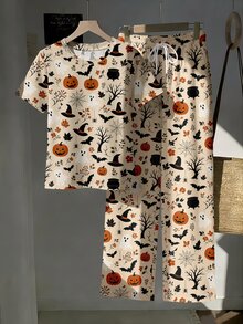 2pcs Set Embroidered Round Neck Short Sleeve Top And Striped Print Pants, Casual - Multicolor - View 5