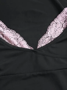 Sweetra 女款蕾絲飾邊V領長袖純色T恤與喇叭褲，秋季套裝，2件組 - 深灰色 - 查看 5