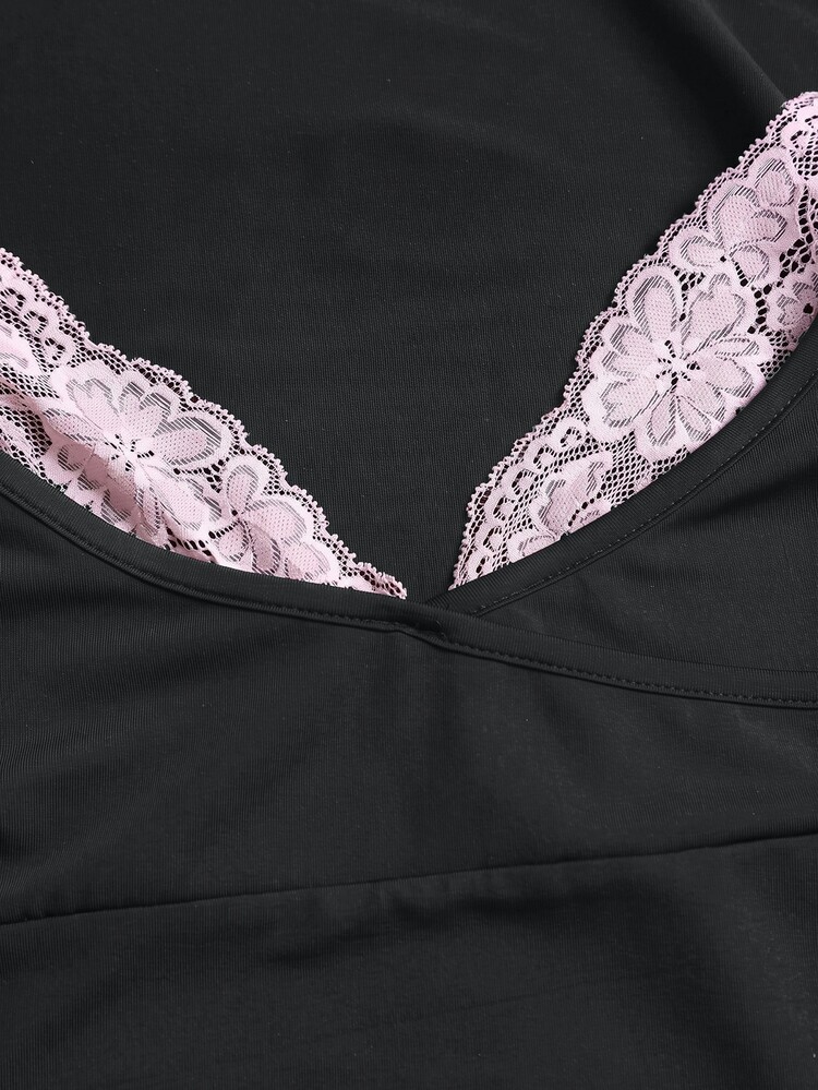 Sweetra طقم نسائي من قطعتين للخريف: تي شيرت بلون موحد بياقة V وأكمام طويلة مزين بحافة دانتيل مع بنطال واسع الساق - رمادي غامق - مشاهدة 5